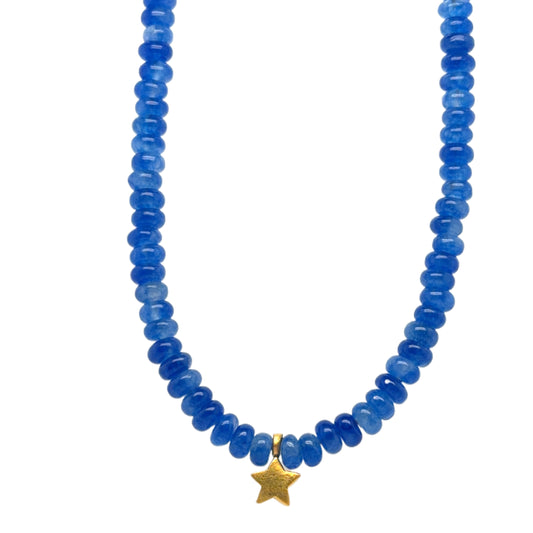 Lovely necklace with royal Blue Agate gemstone rondelle and small matt gold star in the middle