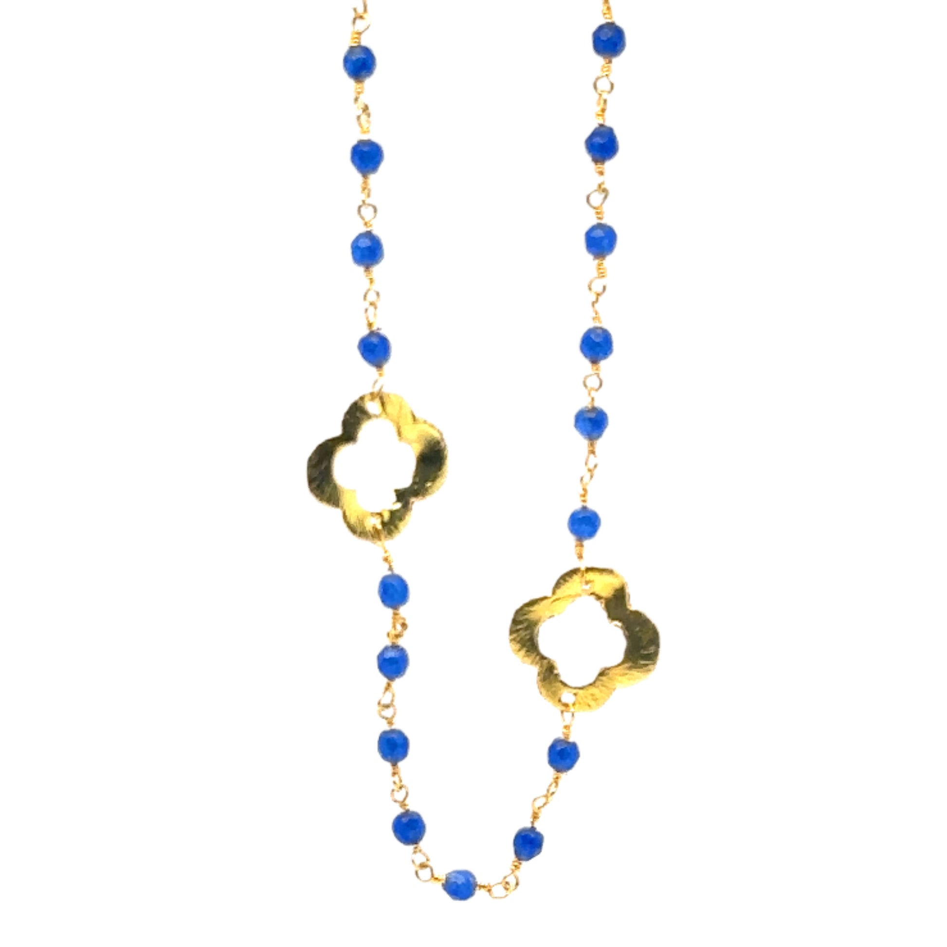 Pretty London Blue Topaz gemstone rosary chain with flat gold clover charms with 2 charms