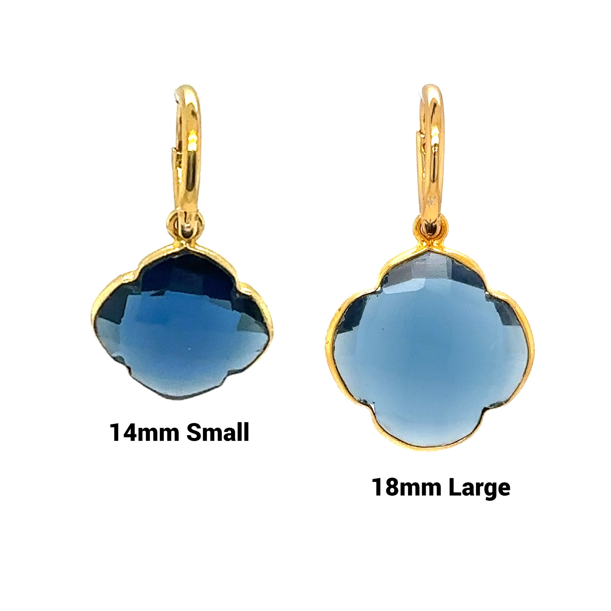 Delicate gold hoop earrings with lovely London Blue Topaz semi-precious gemstone clover shaped charms in 2 sizes