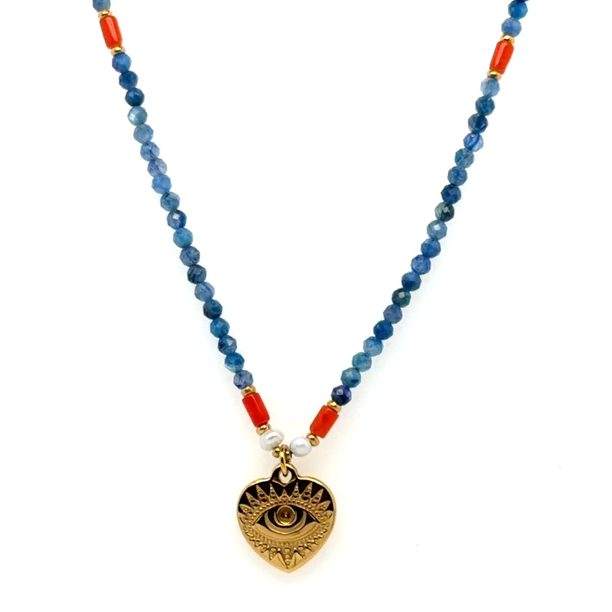 Lovely necklace with tiny blue, orange and pearl beads and small gold heart charm in the middle with an evil eye design.