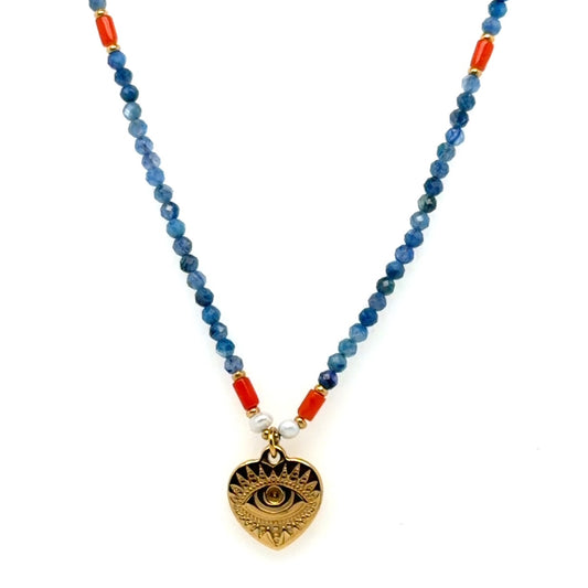 Lovely necklace with tiny blue, orange and pearl beads and small gold heart charm in the middle with an evil eye design.