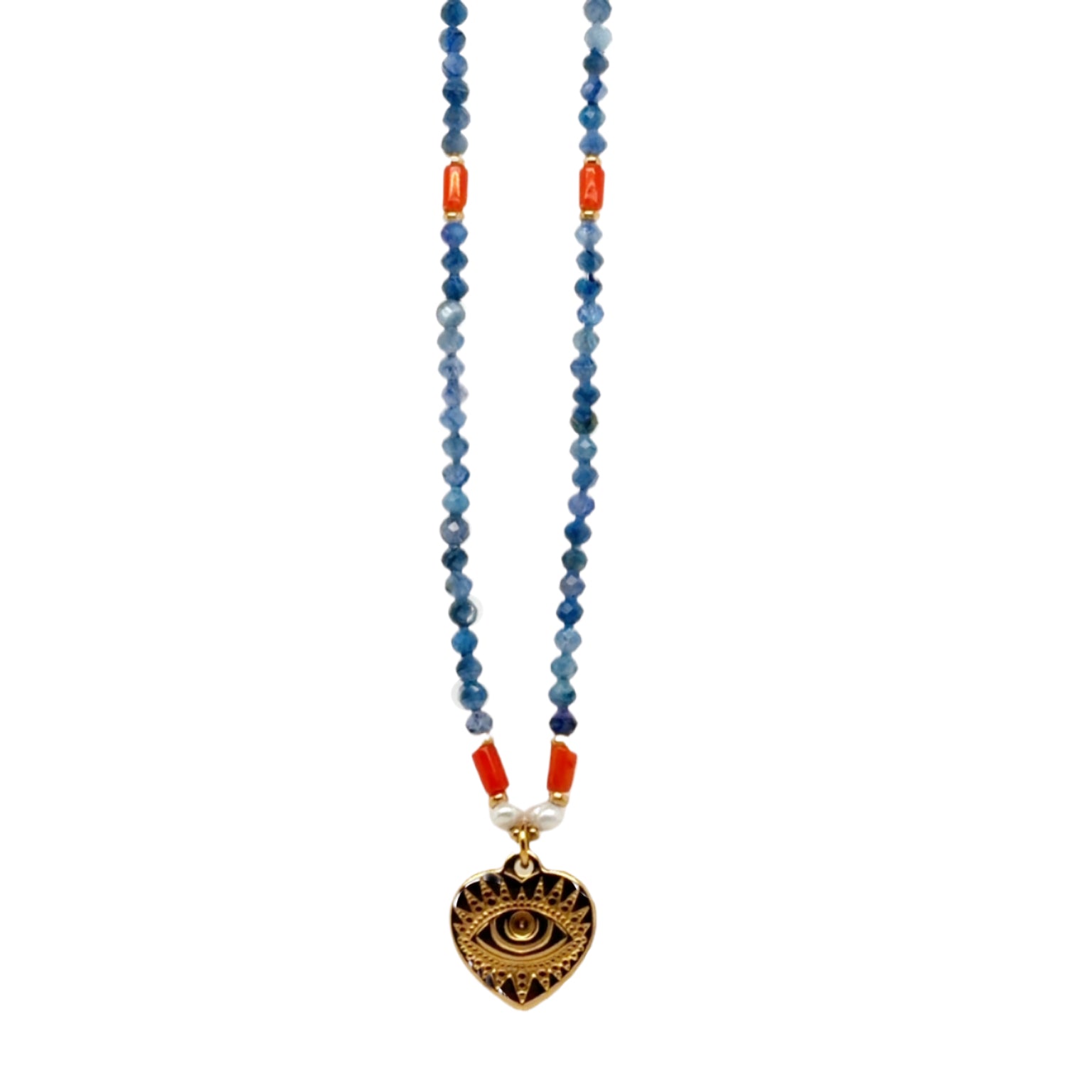 Necklace with blue beads and a heart-shaped pendant on a white background