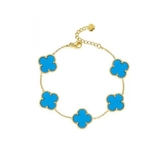 bracelet with five clover charms in blue colour