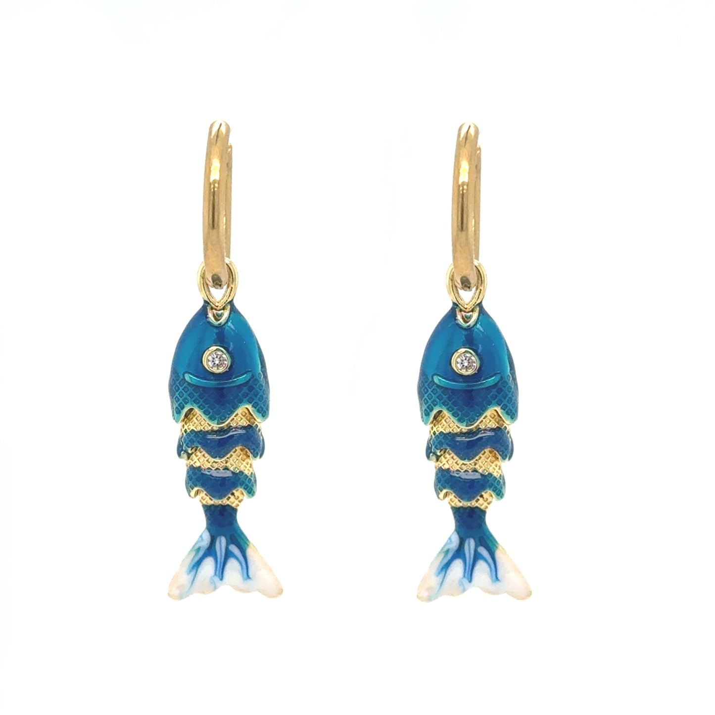 Delicate gold hoop earrings with red moving fish charms