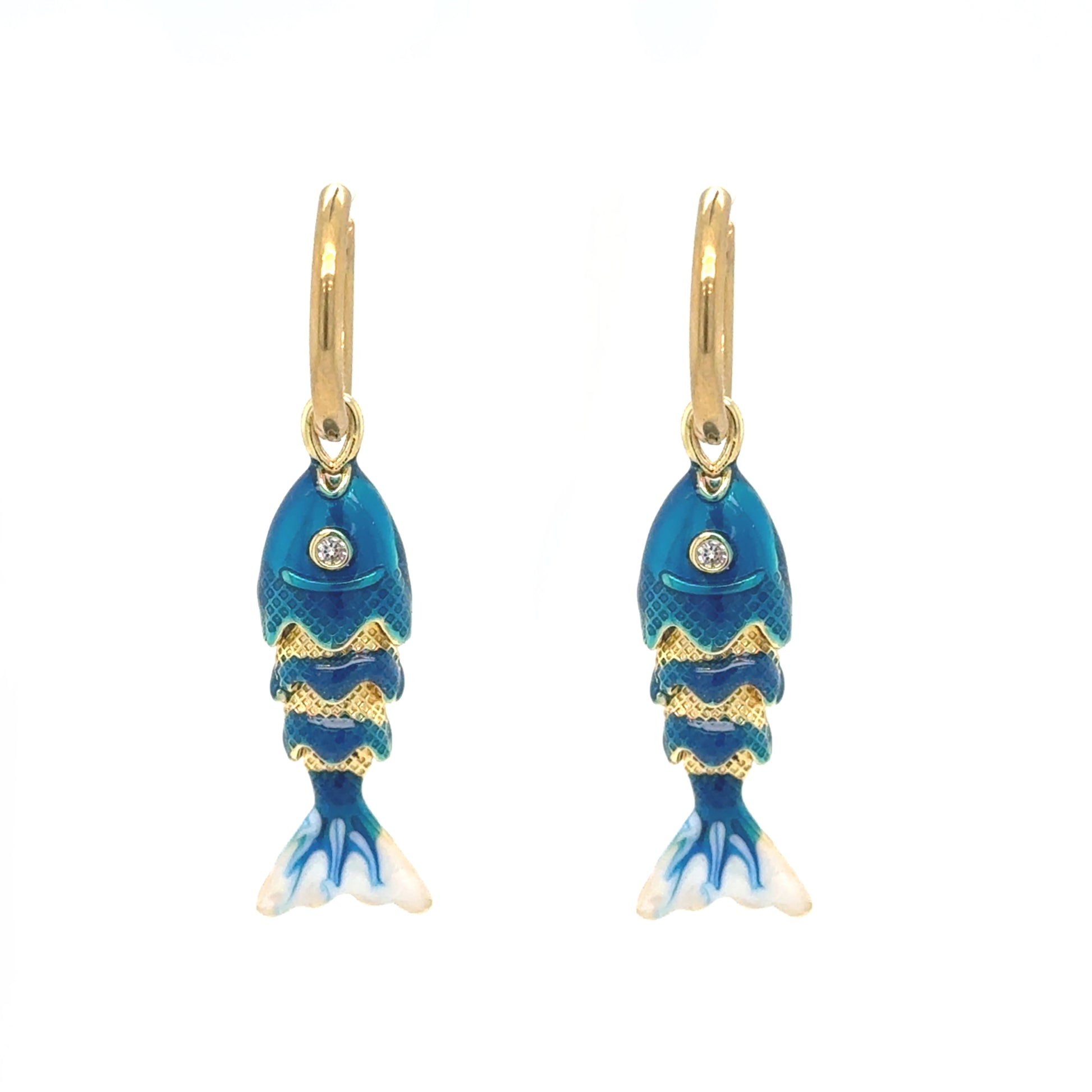 Delicate gold hoop earrings with red moving fish charms