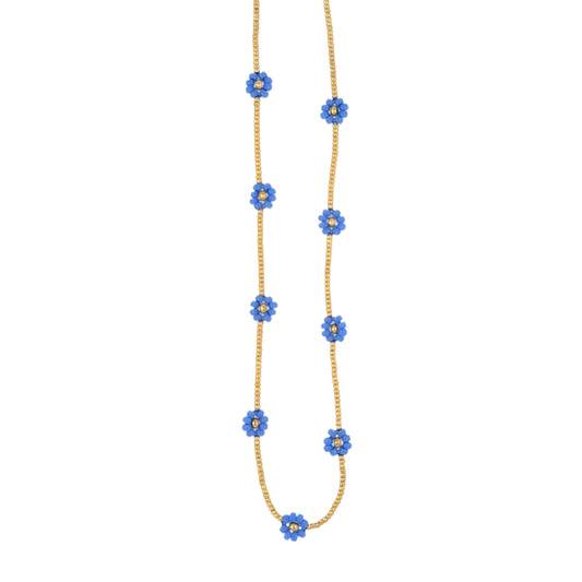 Blue flower necklace with gold beads