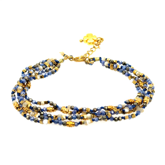 Lovely four stranded gemstone bracelet with Lapis Lazuli beads and tiny frehswater pearls