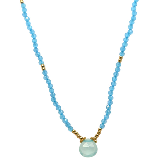 Delicate necklace with tiny light blue and gold beads, and lovely Blue Chalcedony gemstone in the middle