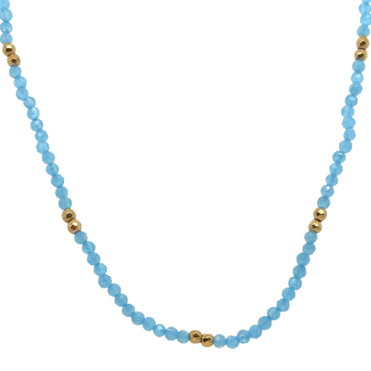 Delicate necklace with light blue and gold beads