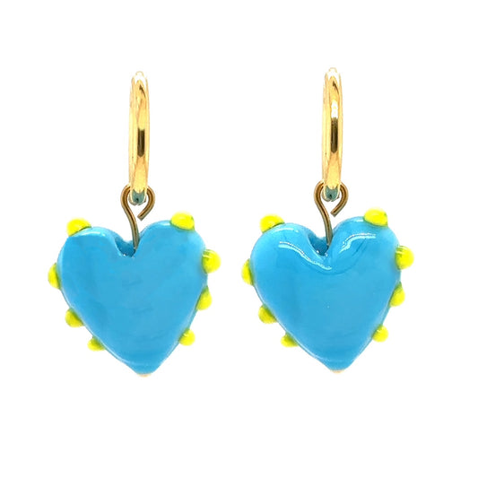 golf hoop earrings with blue and yellow glass heart charms