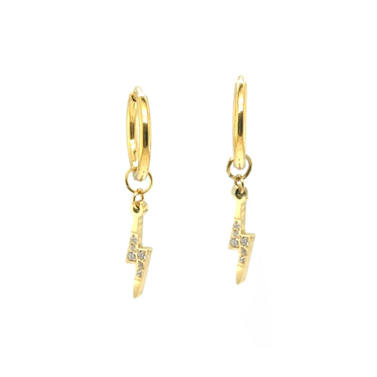 gold hoop earrings with lightning bolt shaped zirconia sparkly charm