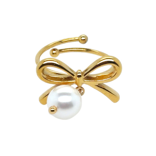 Gold adjustable ring with lovely bow and hanging pearl