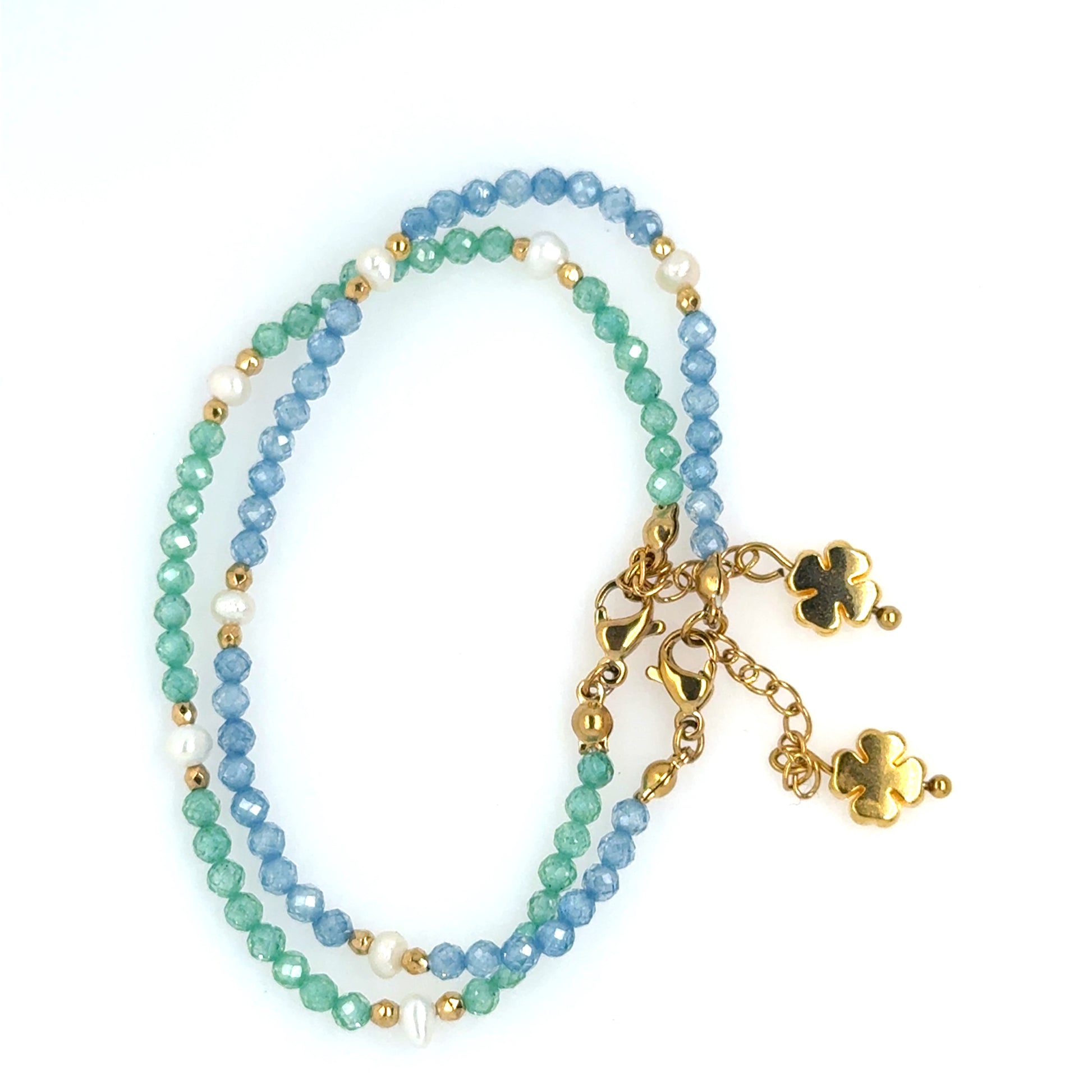 Two bracelets with tiny green/blue beads and freshwater pearls