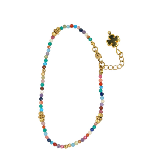 Delicate bracelet with rainbow of tiny gemstones and gold flowers