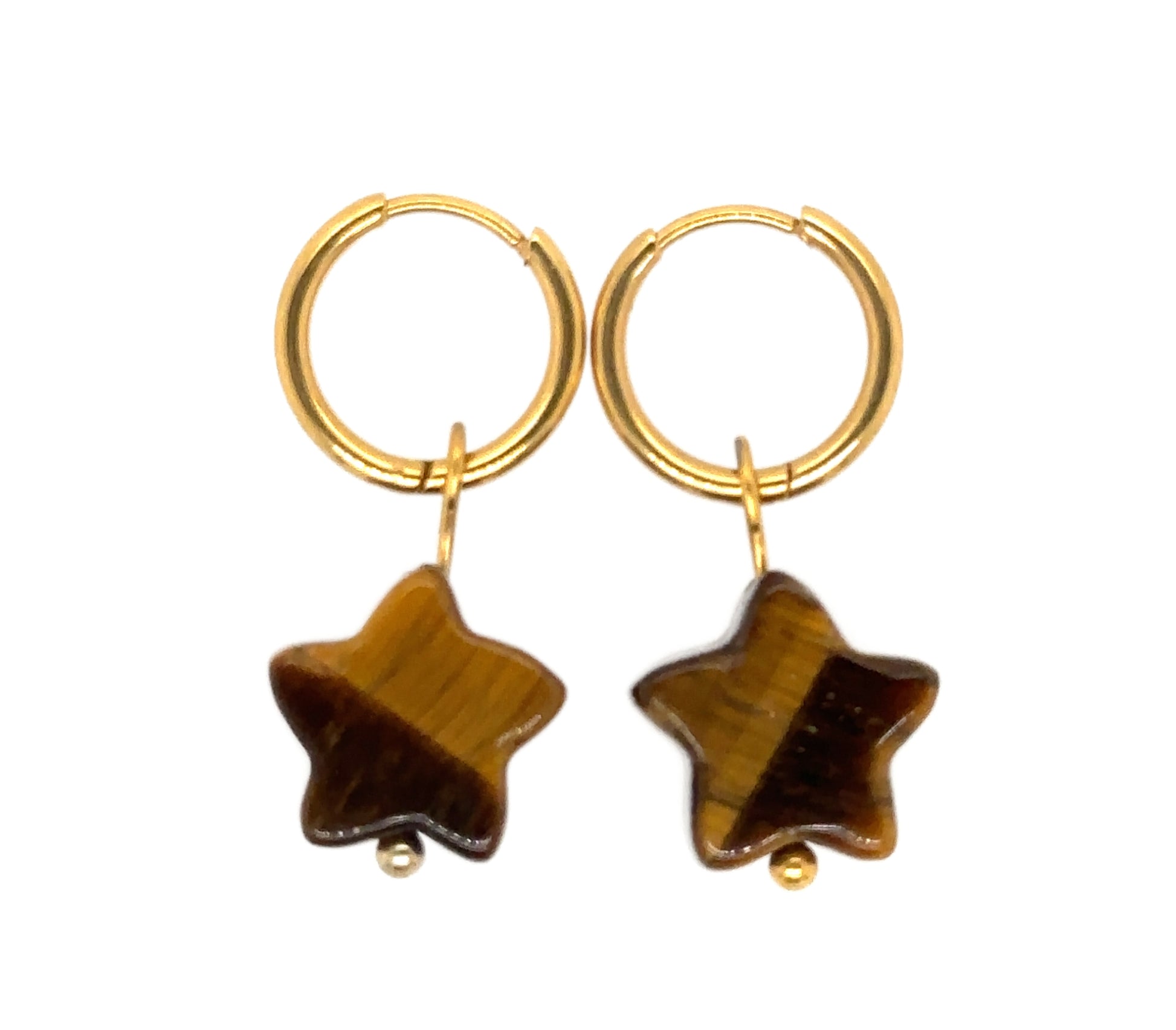 gold hoop earrings with star shaped natural Tiger Eye stone charms