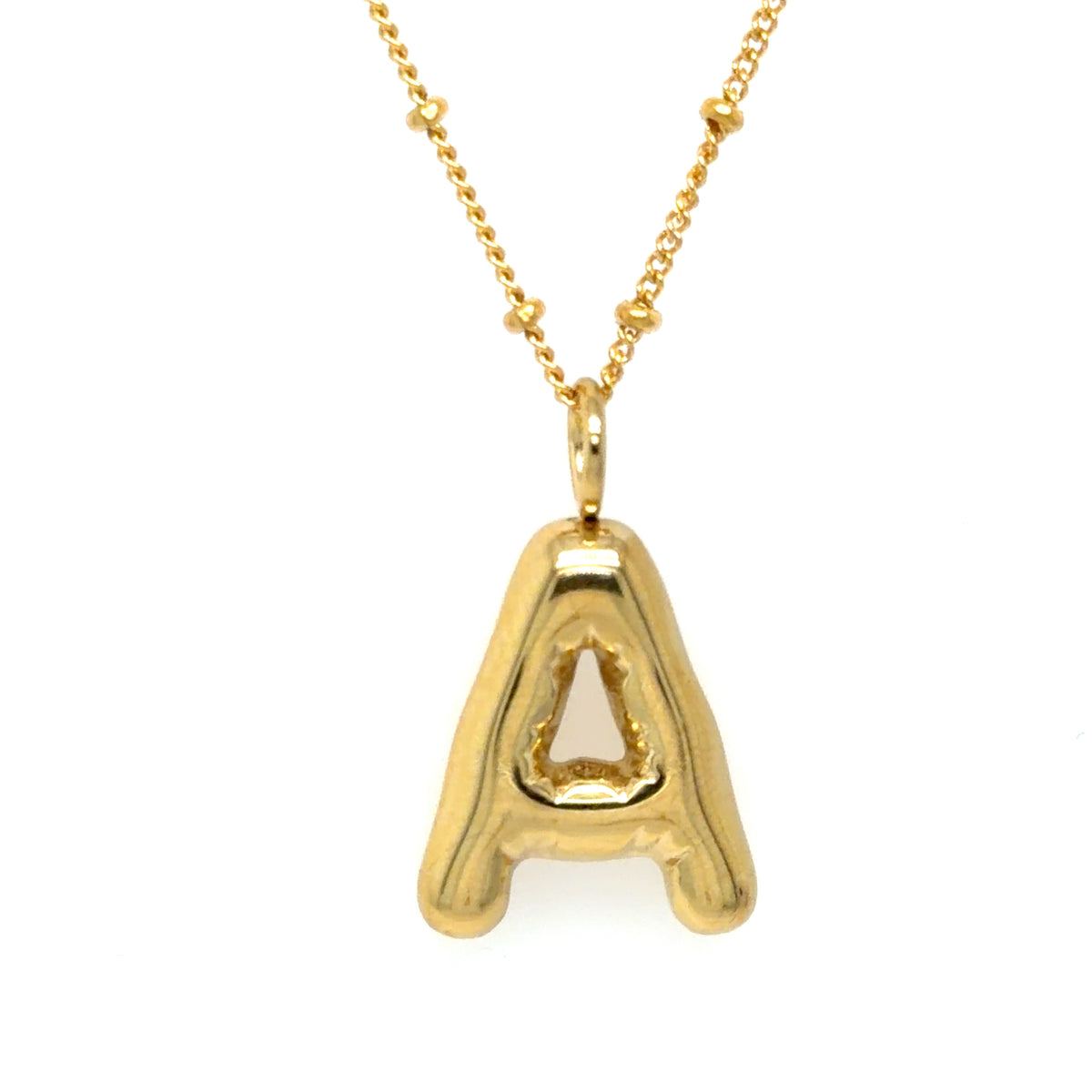 Delicate gold ball chain necklace with bubble letter A 