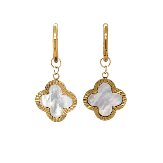 gold hoop earrings with mother of pearl shell clover charms