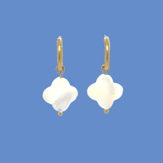gold hoop earrings with clover shaped white mother of pearl shell charms