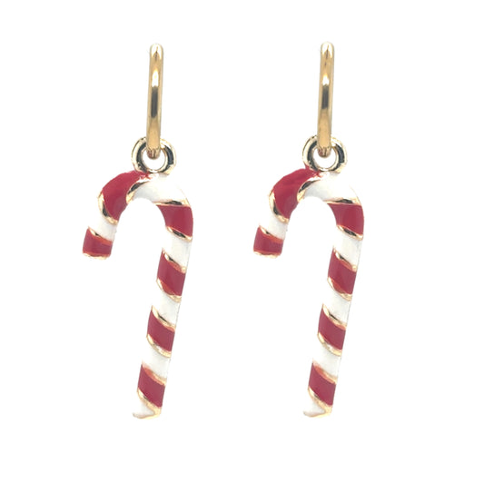 Delicate gold hoop earrings with candy cane shaped charms