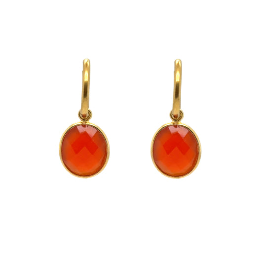 Delicate gold hoop earrings with gorgeous Carnelian semi-precious gemstone oval charms