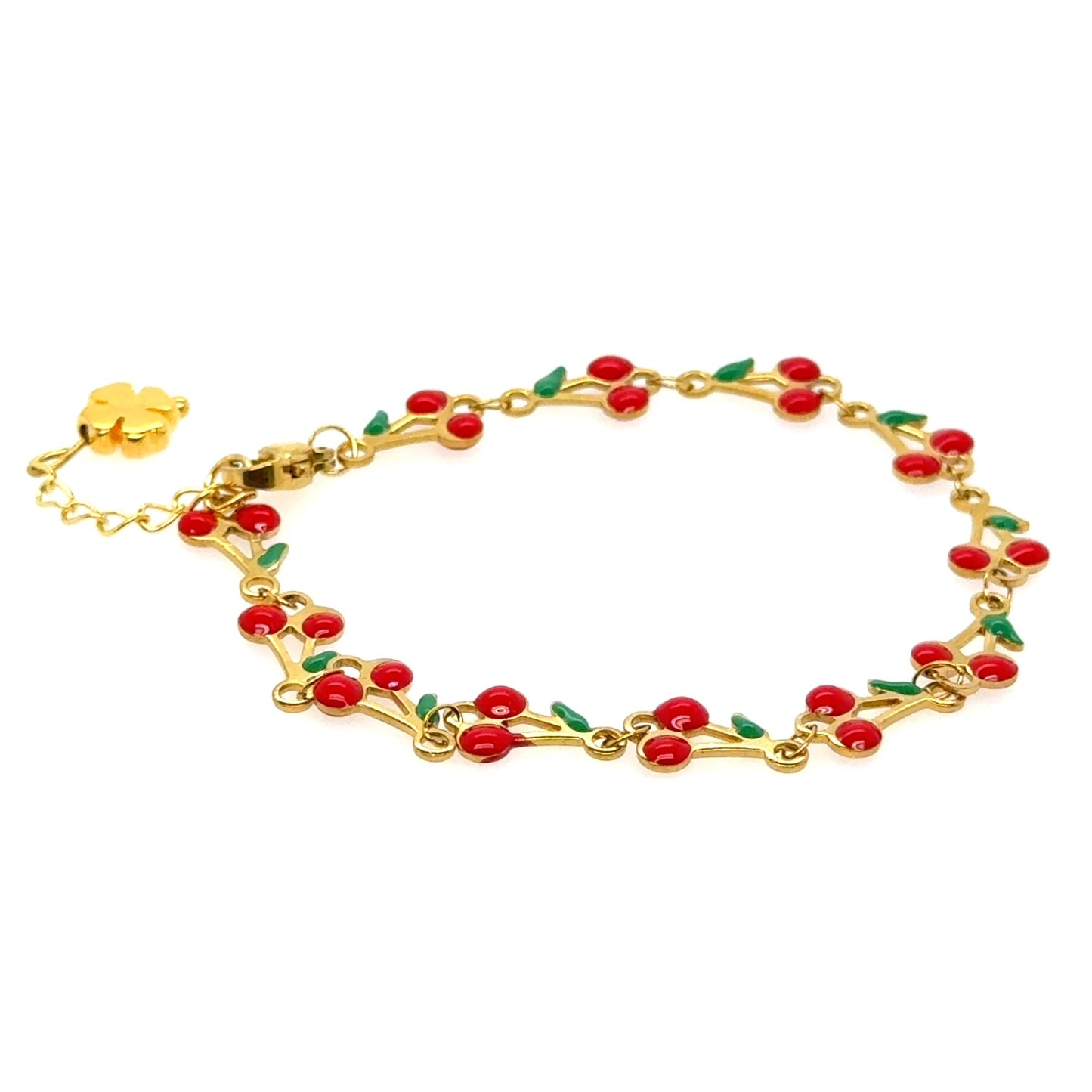 Lovely gold bracelet with cherry design and gold clover for good luck