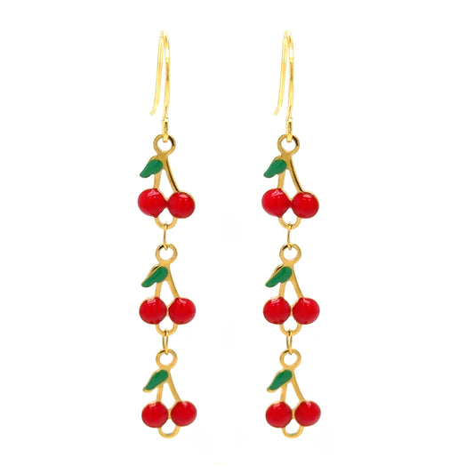Gold filled ear hooks with three dangling cherries