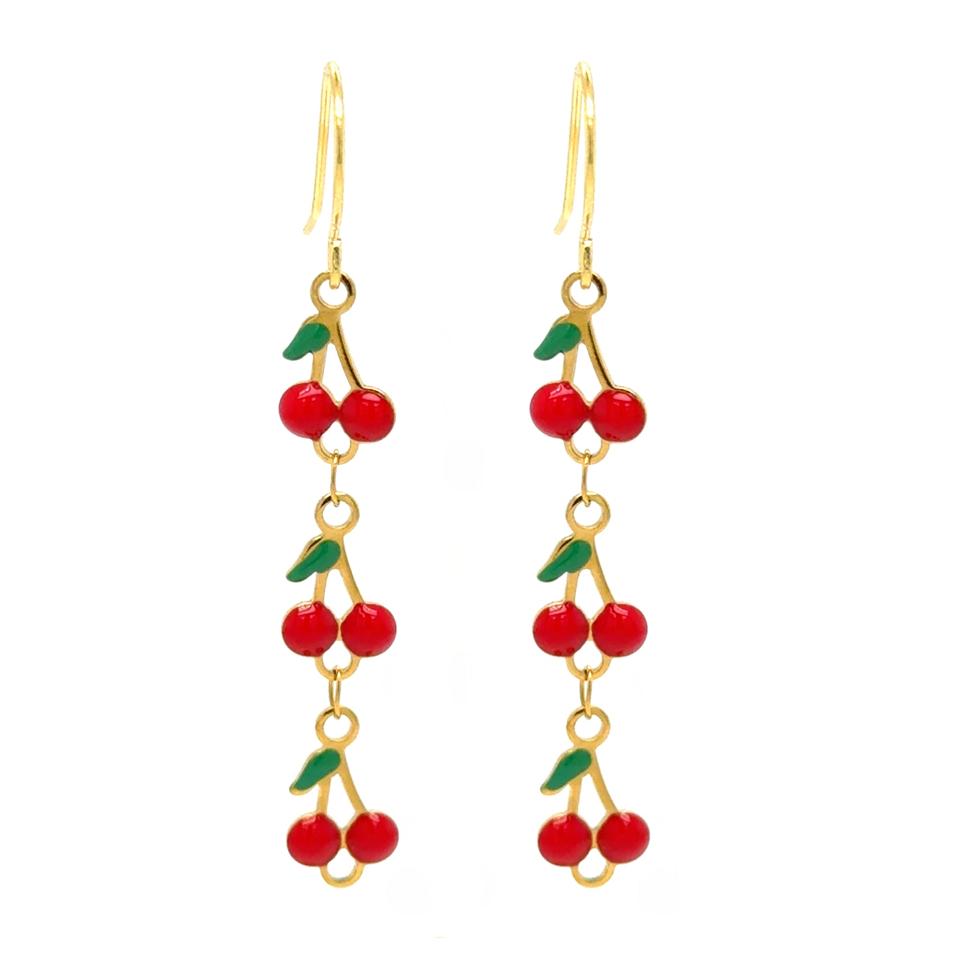 Gold filled ear hooks with three dangling cherries