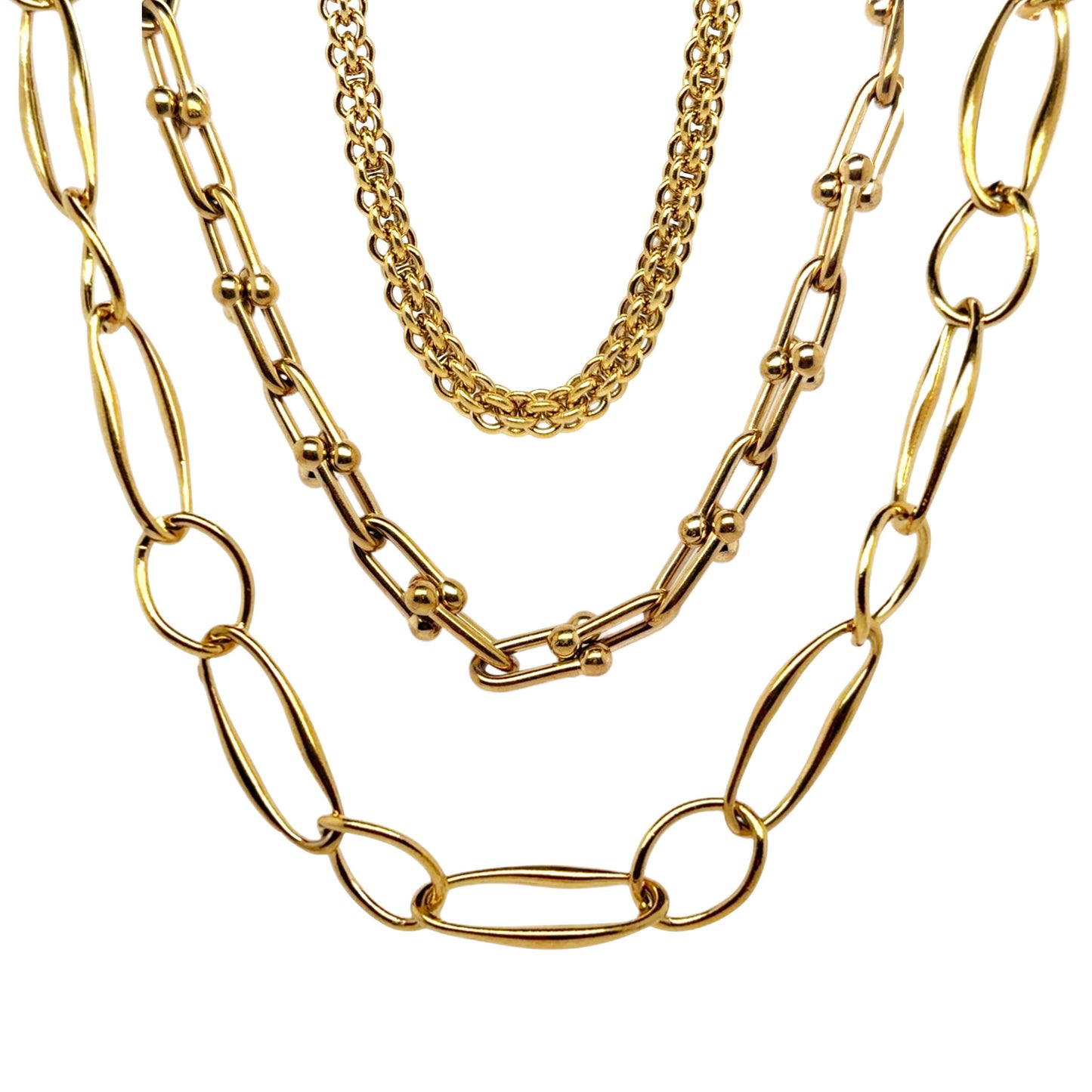 Three gold necklaces with different chain link styles