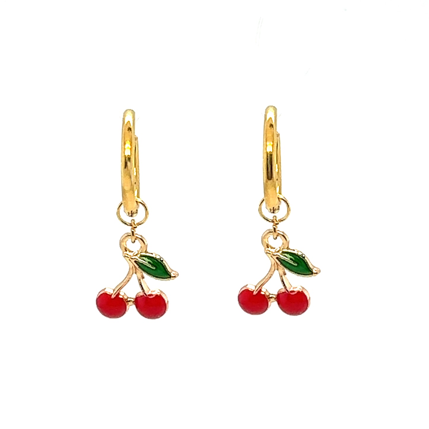 Delicate gold hoop earrings with cherry shaped charms