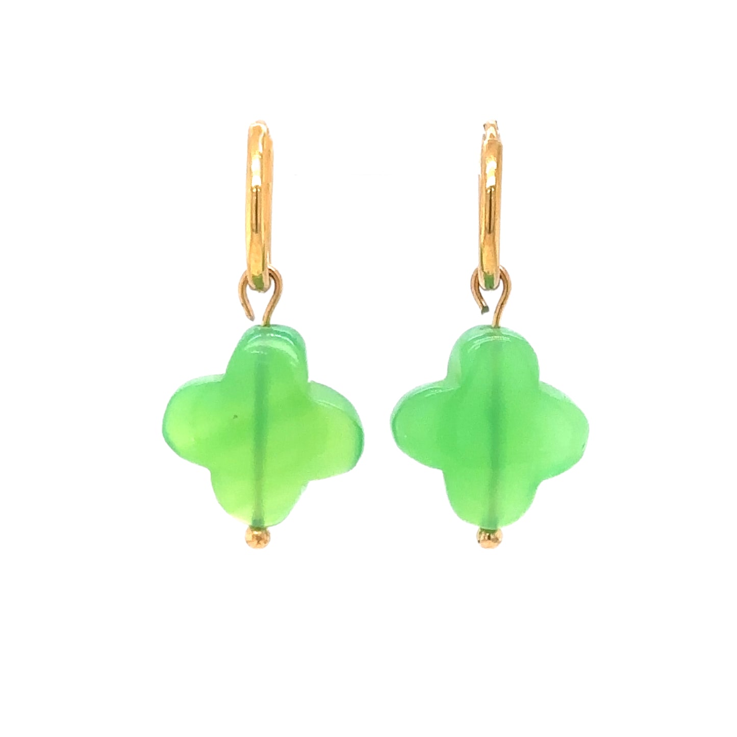 gold hoop earrings with Chrysoprase clover charms