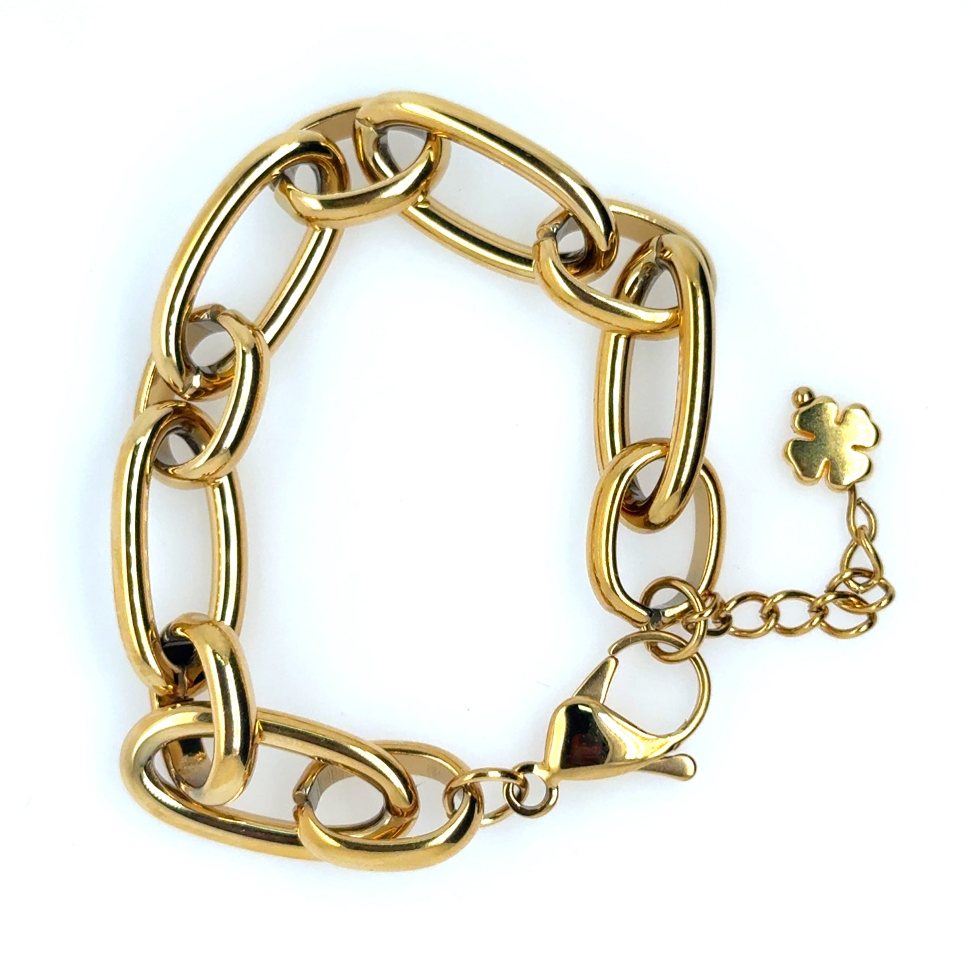 Gold bracelet with medium sized oval links iand small gold clover for good luck