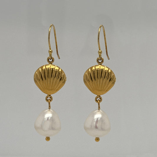 Gold filled ear hooks with one gold shell charm and a dangling large Freshwater pearl