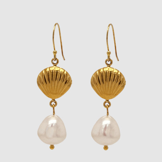 Gold filled ear hooks with one gold shell charm and a dangling large Freshwater pearl