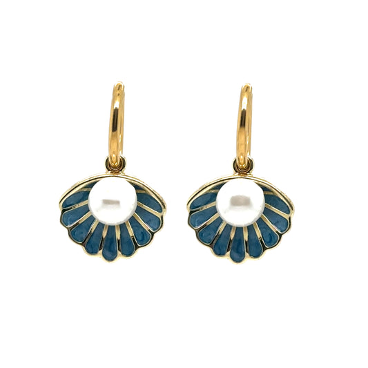 Delicate gold hoop earrings with a pretty blue clam and pearl charms