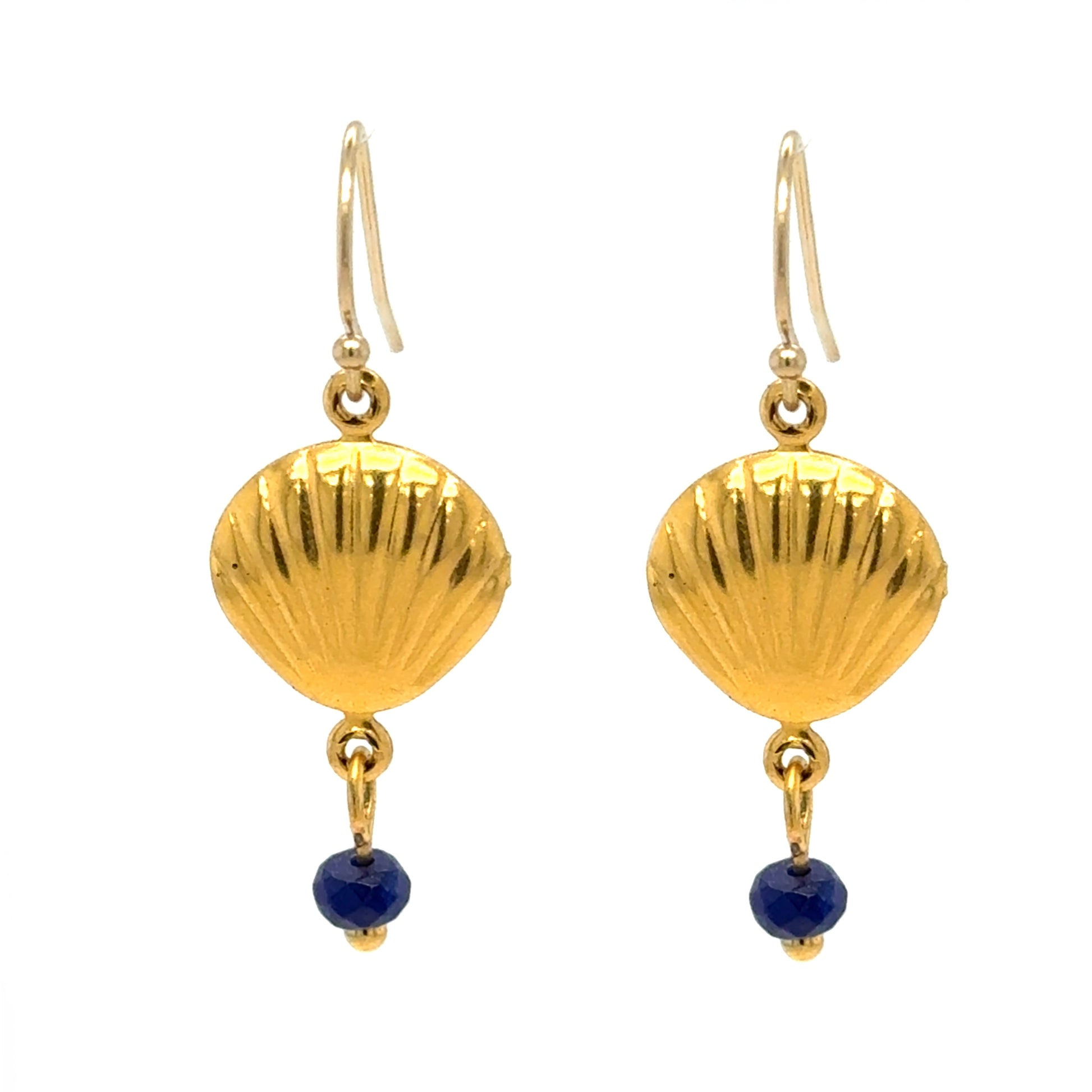 Gold filled ear hooks with one gold shell charm and a tiny blue quartz bead