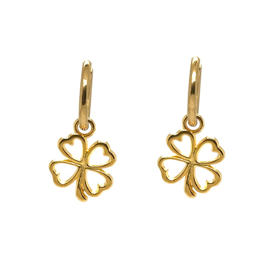 Delicate gold hoop earrings with clover outline gold charms