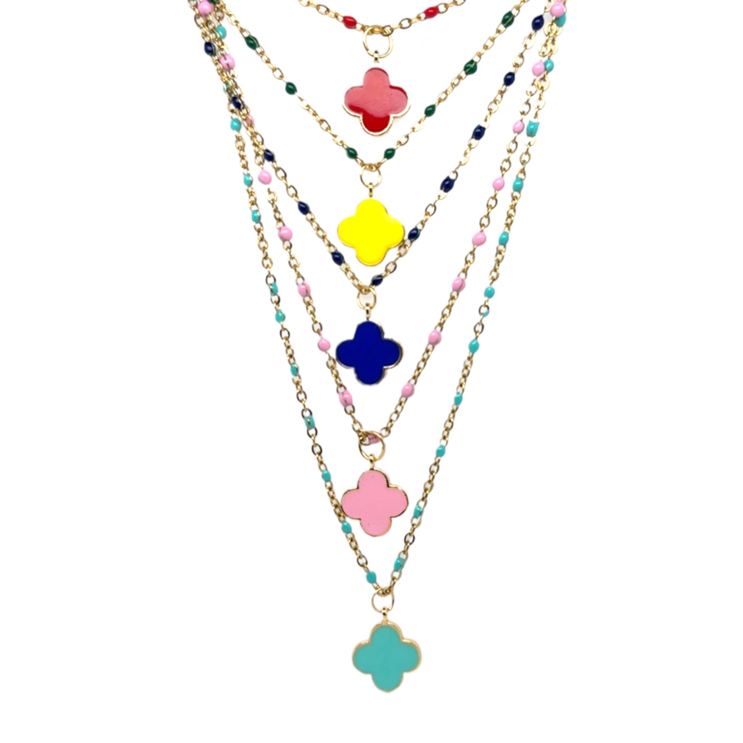 Rosary necklaces with clover charms in different colours