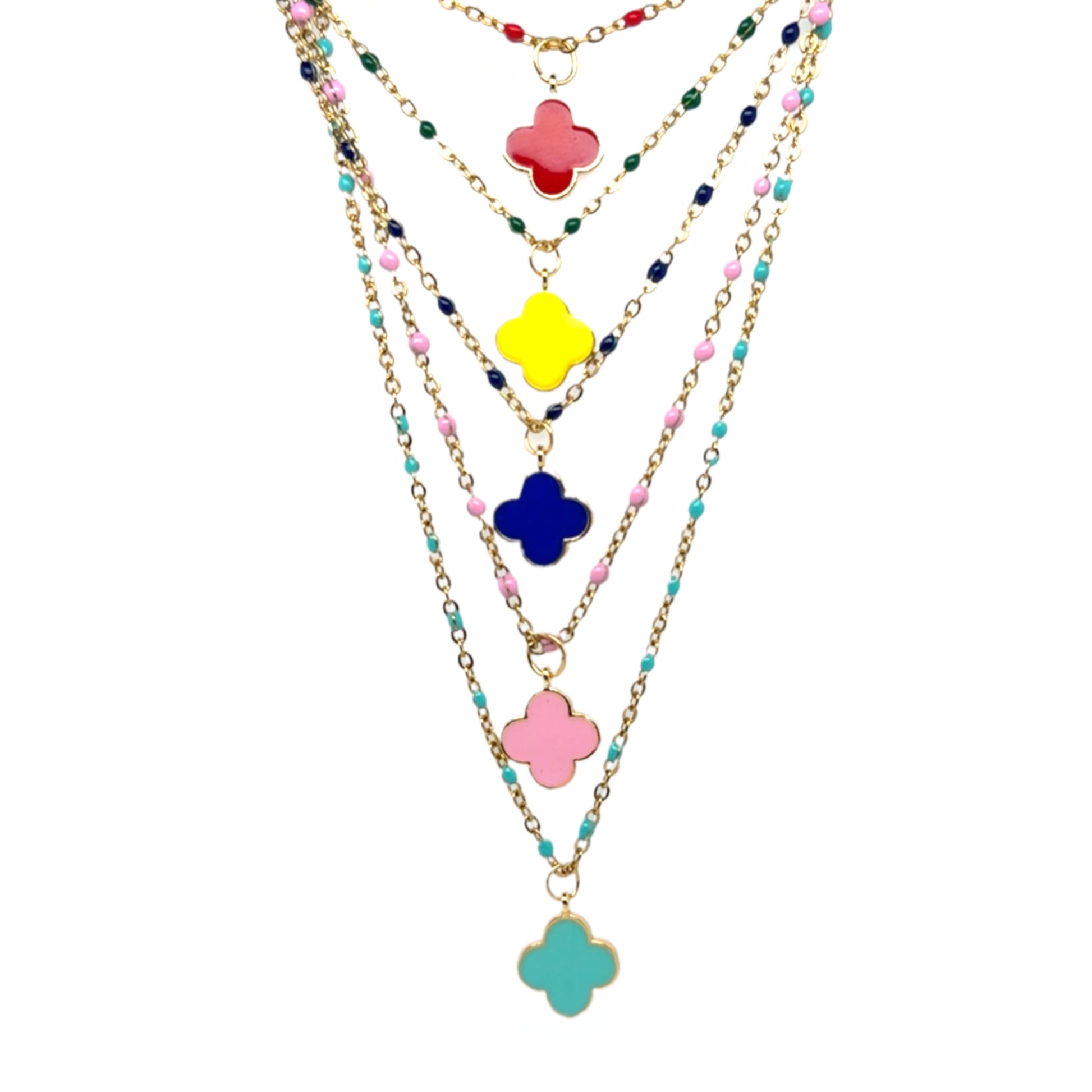 Rosary necklaces with clover charms in different colours