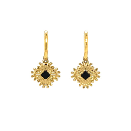 gold hoop earrings with gold and black enamel clover charms