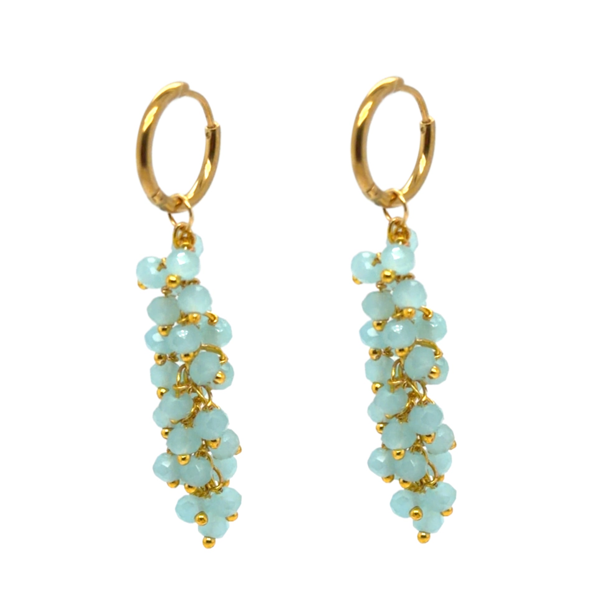 gold hoops with blue Aqua Chalcedony  clusters