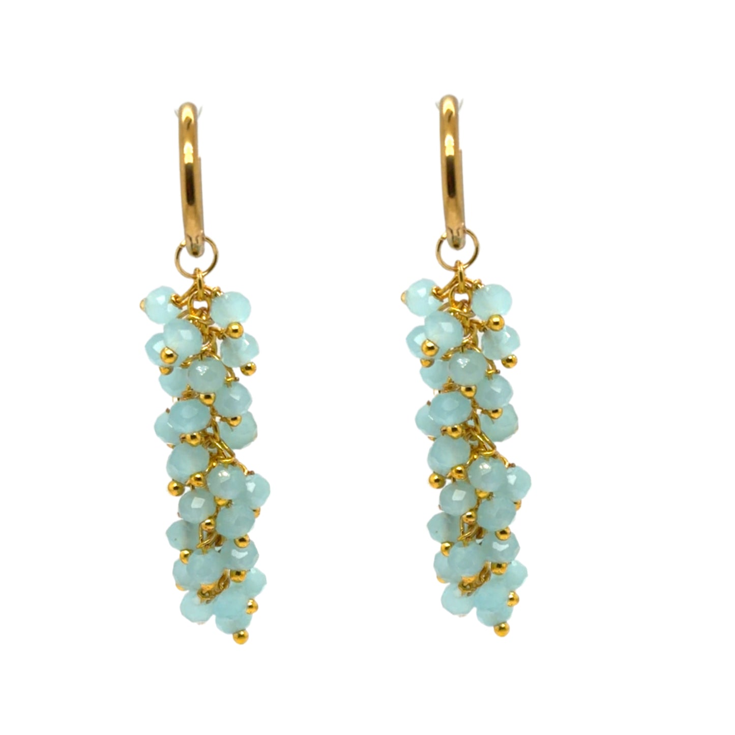 Delicate gold hoops with lovely blue Aqua Chalcedony gemstones arranged in dangling clusters