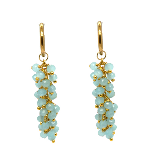 Delicate gold hoops with lovely blue Aqua Chalcedony gemstones arranged in dangling clusters
