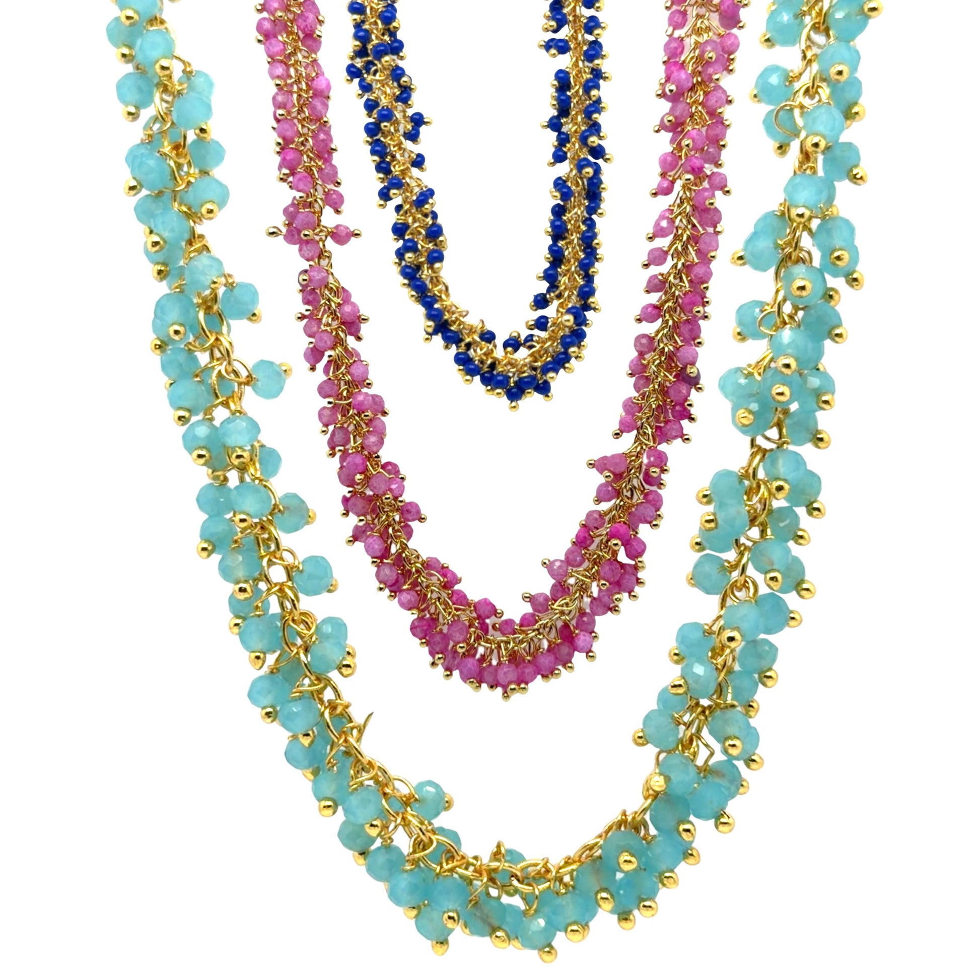Three colourful cluster gemstone necklaces