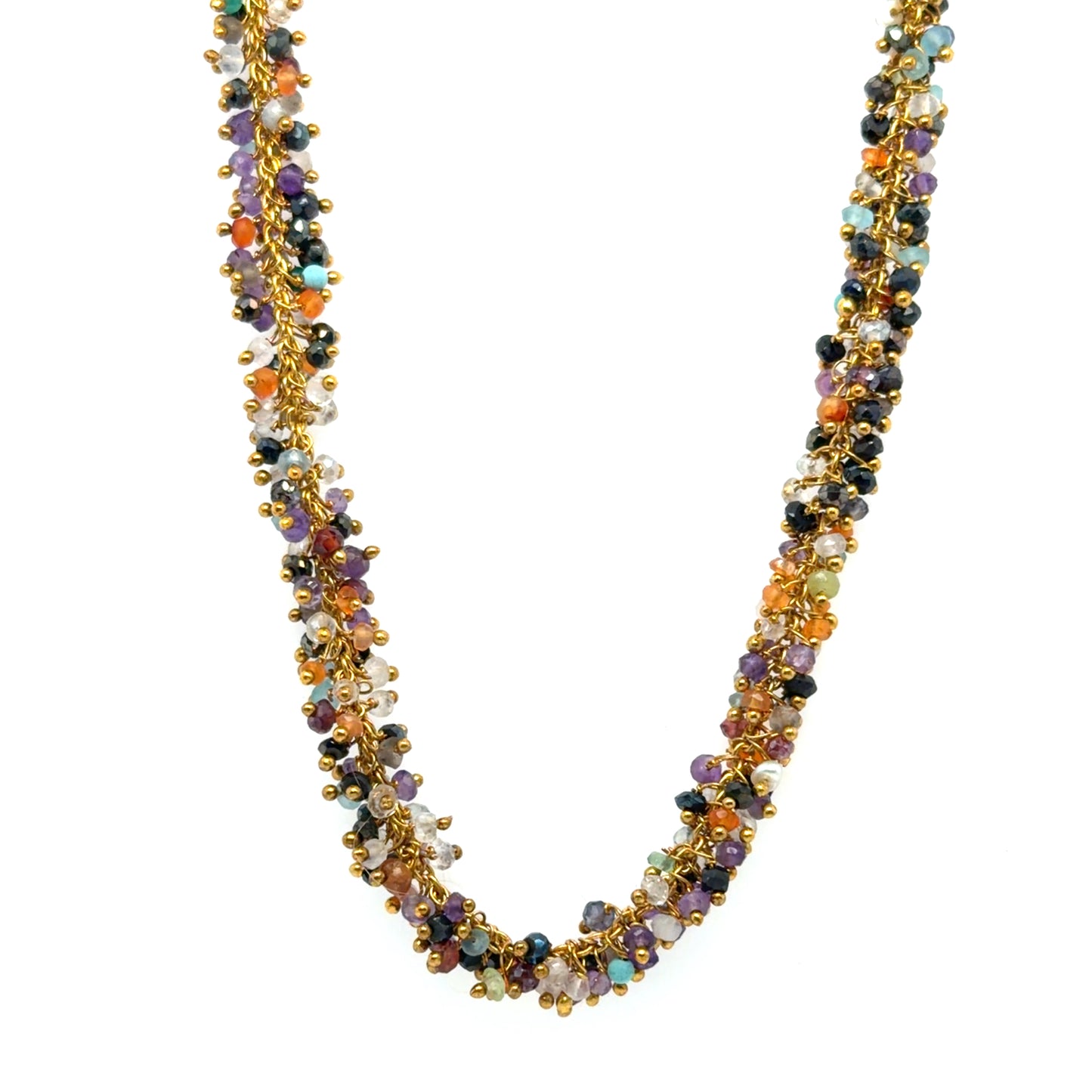 Gold necklace with medley of autumn coloured tiny quartz beads arranged in dangling clusters