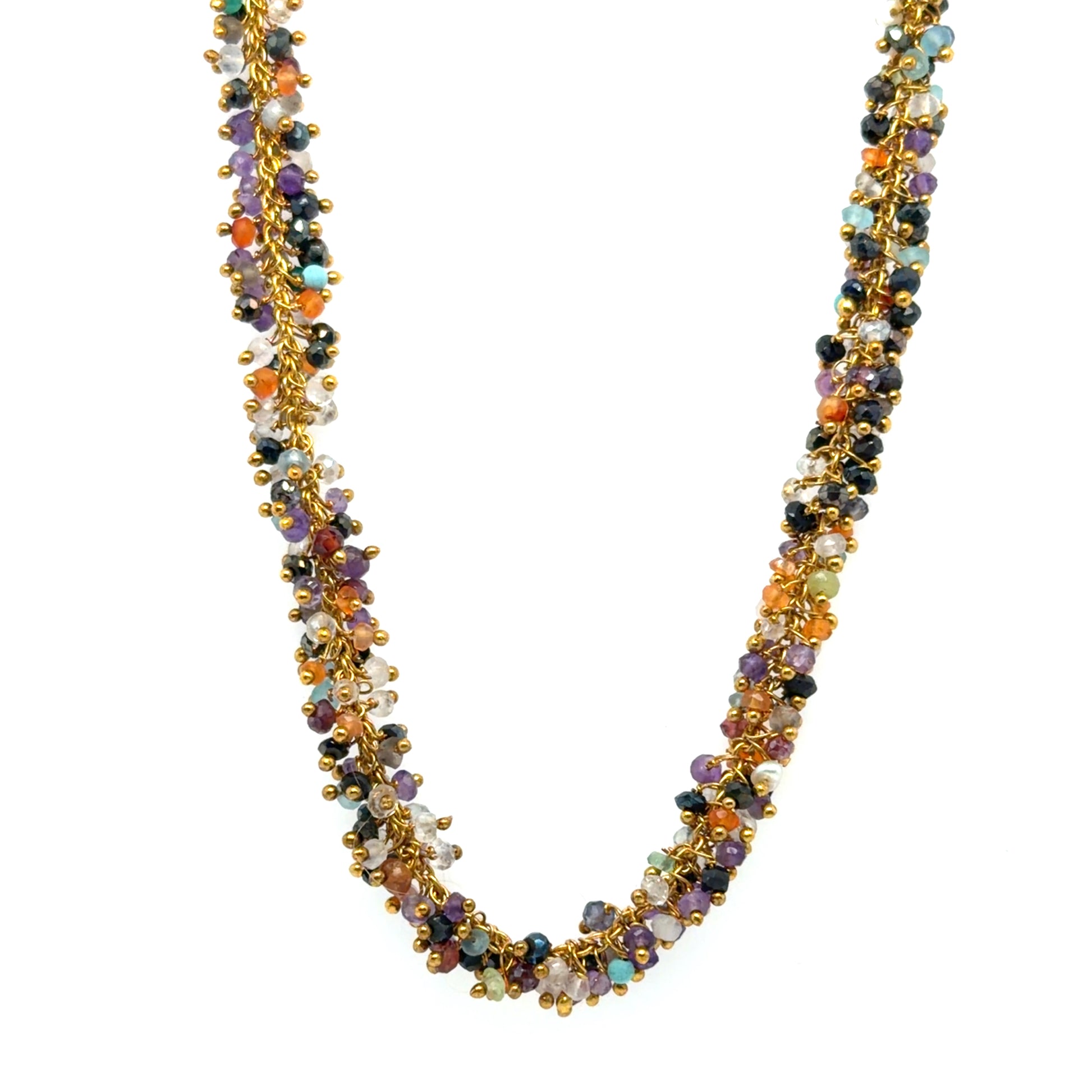 Gold necklace with medley of autumn coloured tiny quartz beads arranged in dangling clusters