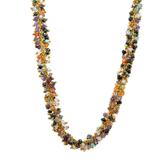 Gold necklace with medley of autumn coloured tiny quartz beads arranged in dangling clusters
