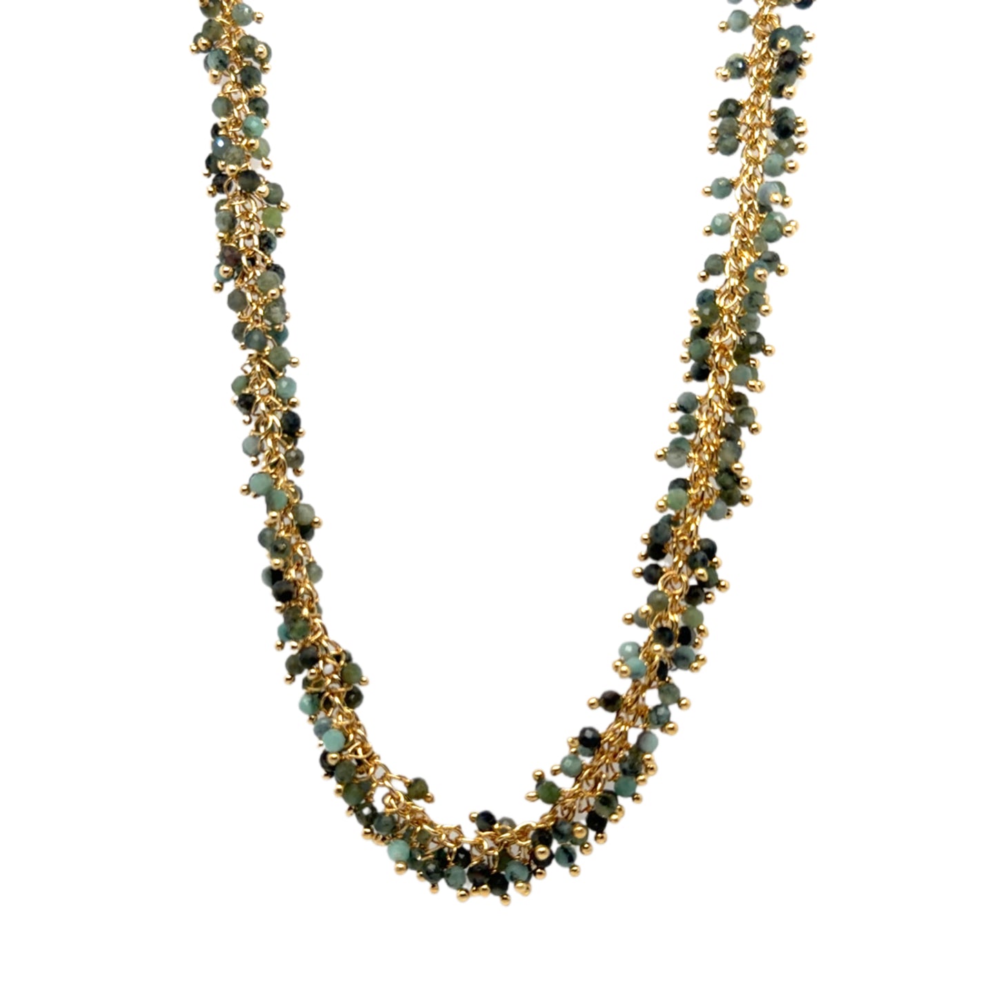 Gold necklace with medley of green tiny gemstone beads arranged in dangling clusters