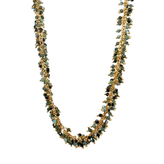 Gold necklace with medley of green tiny gemstone beads arranged in dangling clusters