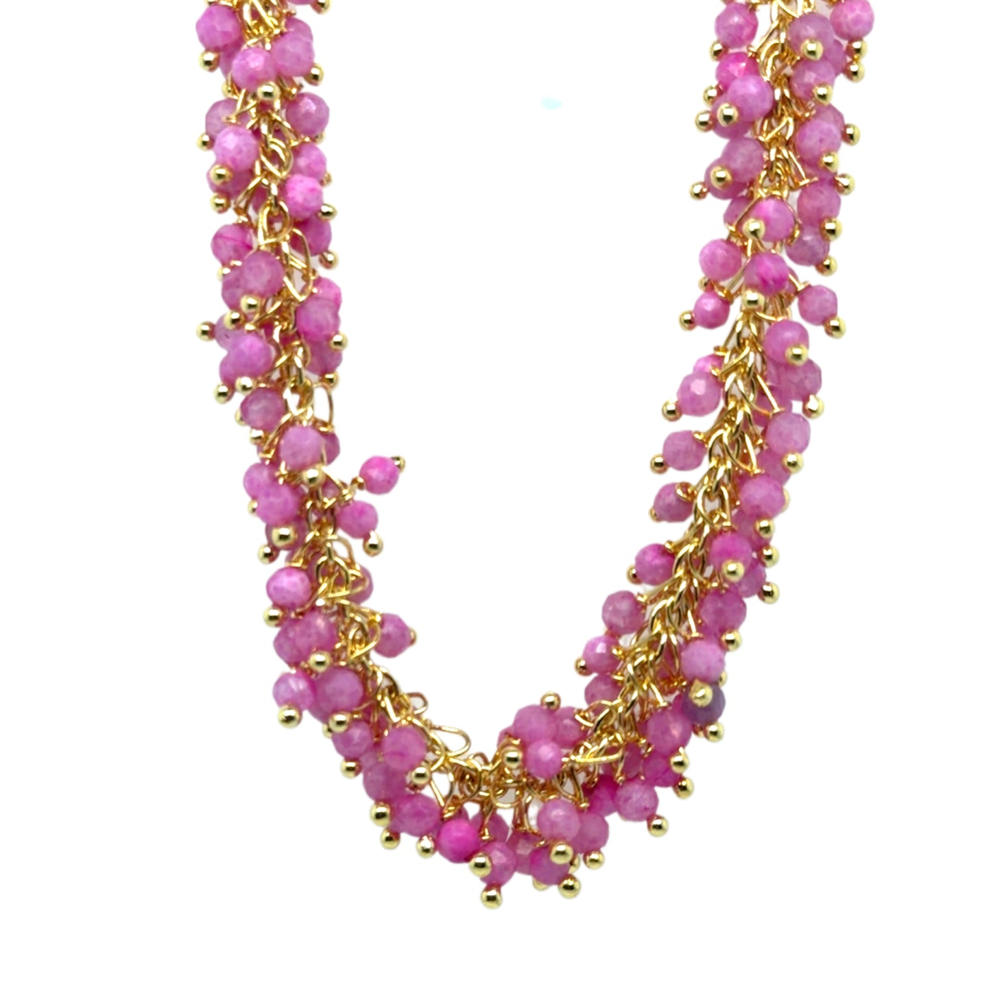Gold necklace with dangling Pink Quartz gemstones arranged in clusters