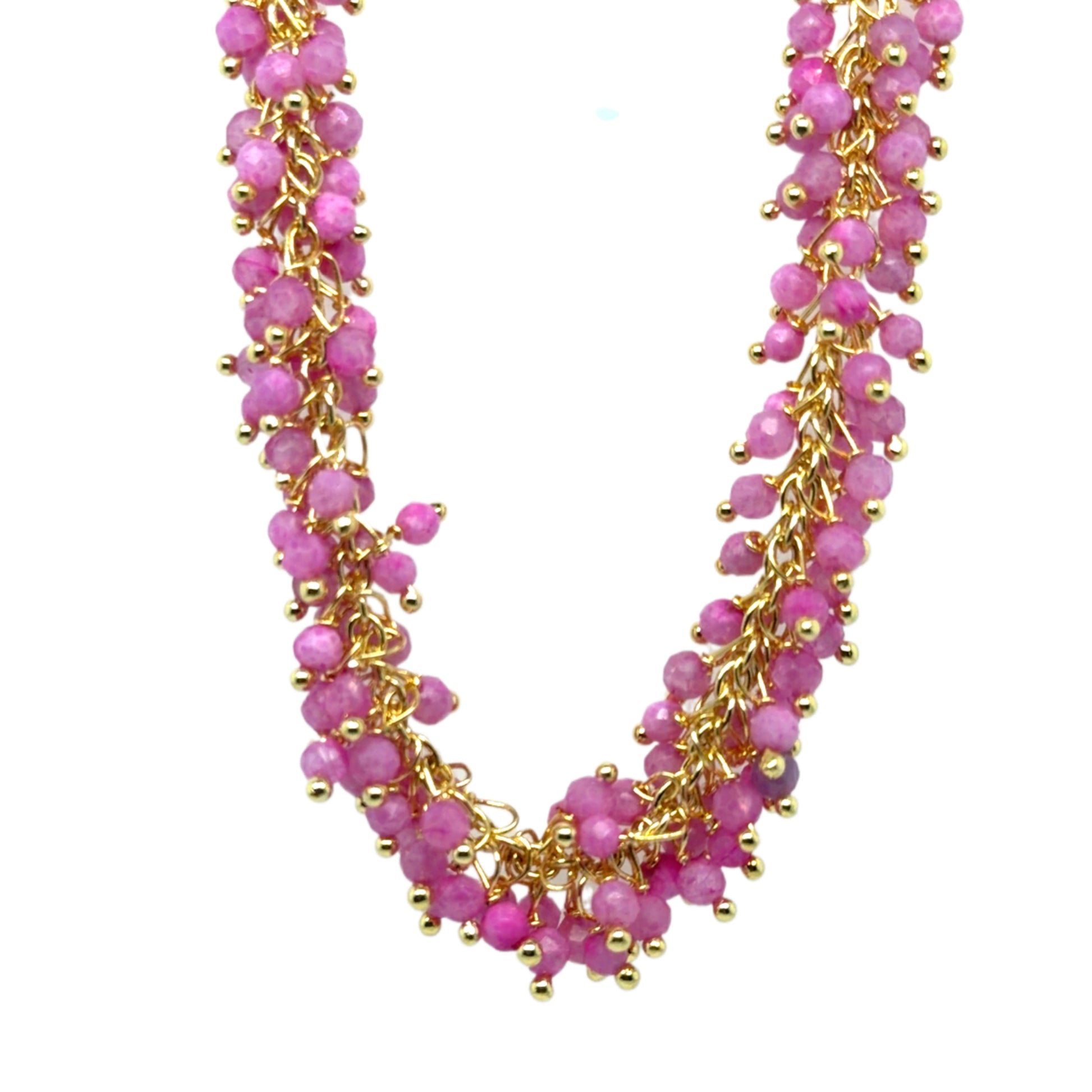 Gold necklace with dangling Pink Quartz gemstones arranged in clusters